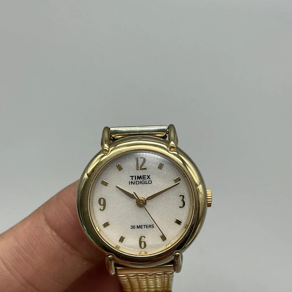 Vintage Timex Indiglo Womens Watch 25mm White Dial Gold Tone Stretch Band